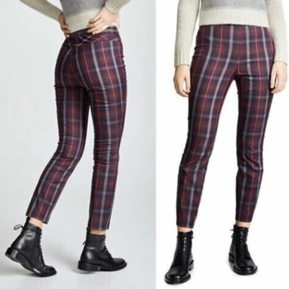 RAG & BONE Simone Burgundy Navy Grey Plaid High Rise Ankle Cropped Pants Size 4 - Picture 8 of 16
